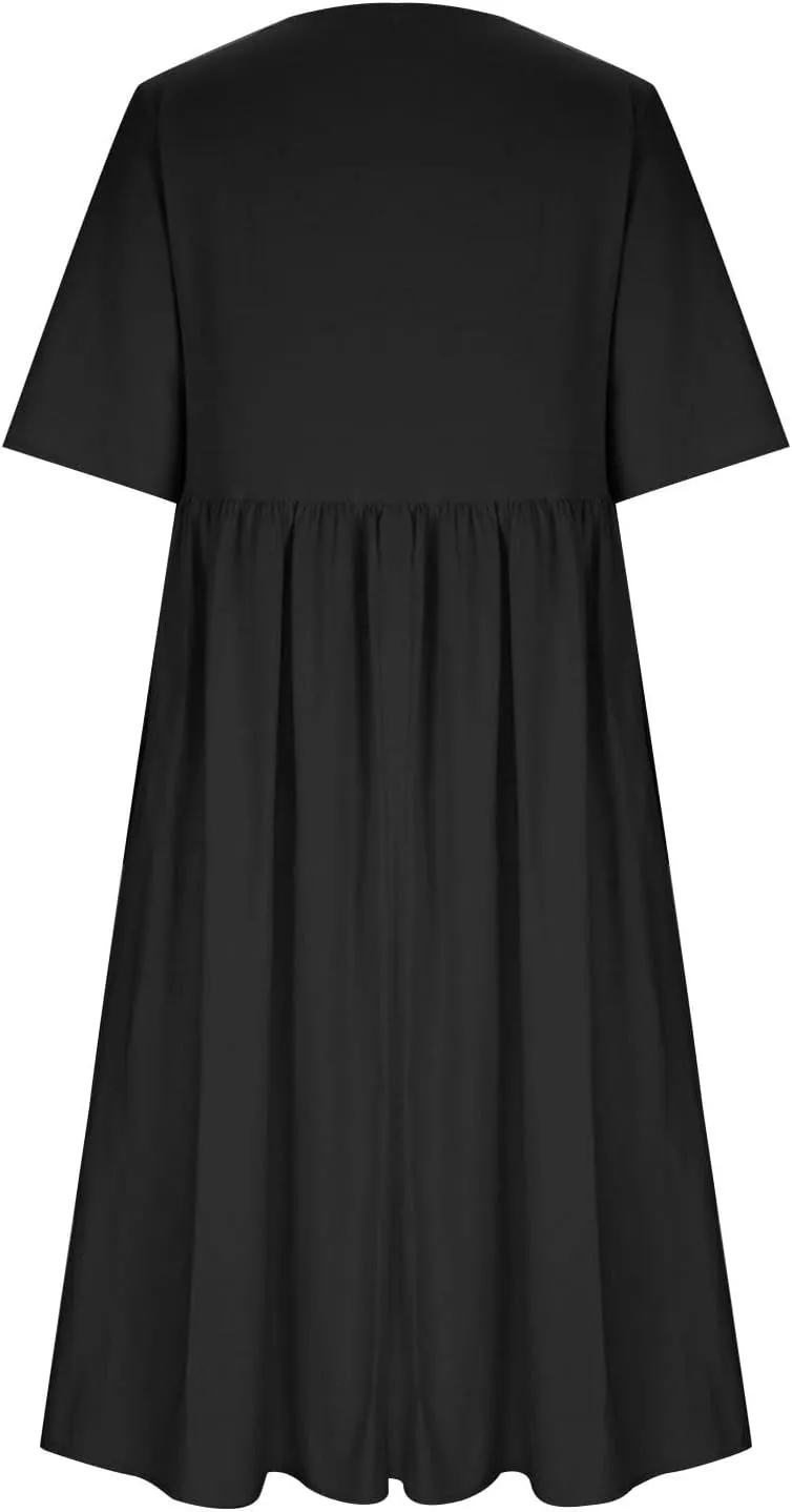 Linen Dress for Women 2025 Casual Short Sleeve Round Neck Midi Dress Summer Beach Vacation Dresses with Pockets