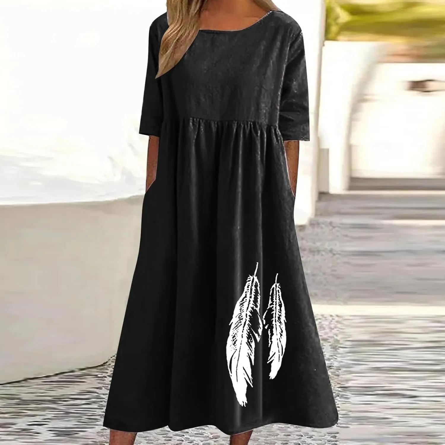 Linen Dress for Women 2025 Casual Short Sleeve Round Neck Midi Dress Summer Beach Vacation Dresses with Pockets