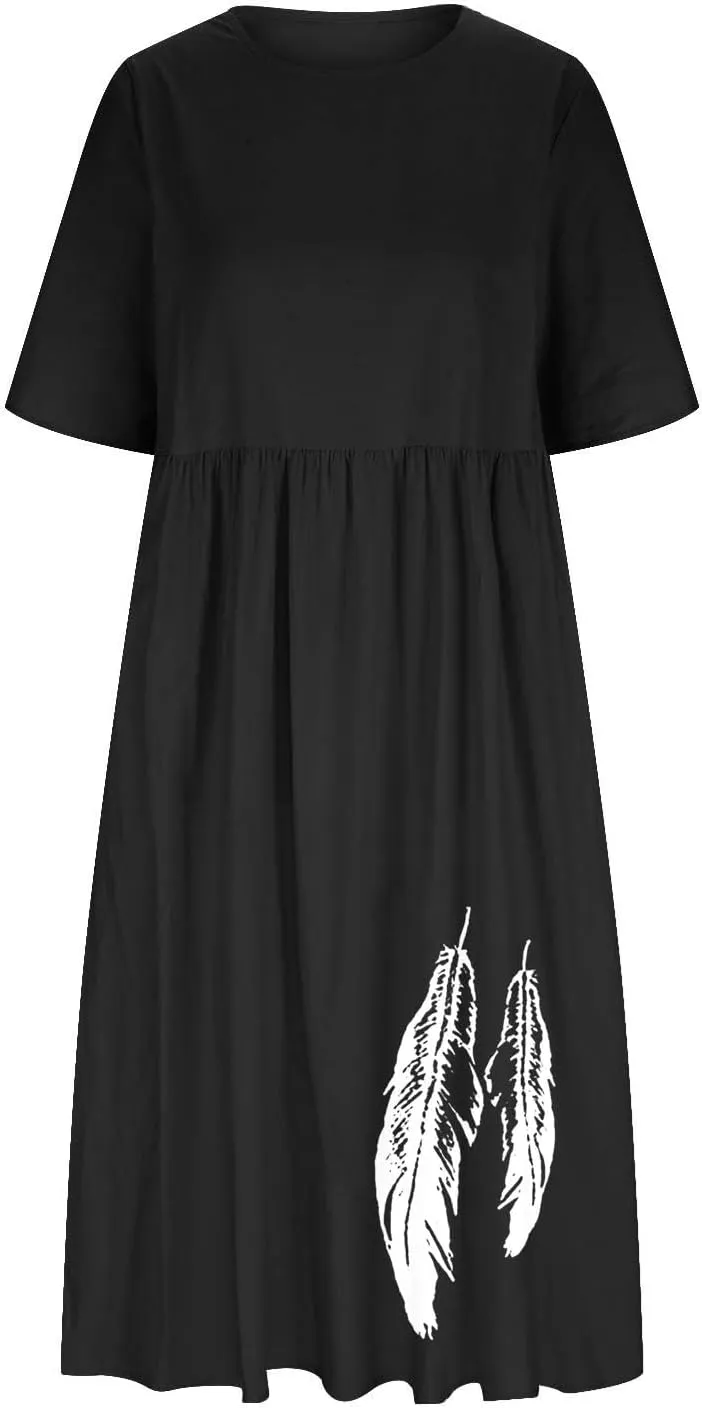 Linen Dress for Women 2025 Casual Short Sleeve Round Neck Midi Dress Summer Beach Vacation Dresses with Pockets