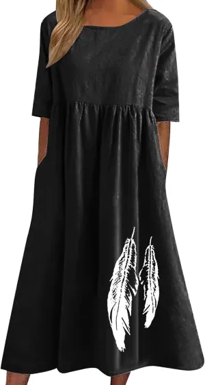 Linen Dress for Women 2025 Casual Short Sleeve Round Neck Midi Dress Summer Beach Vacation Dresses with Pockets