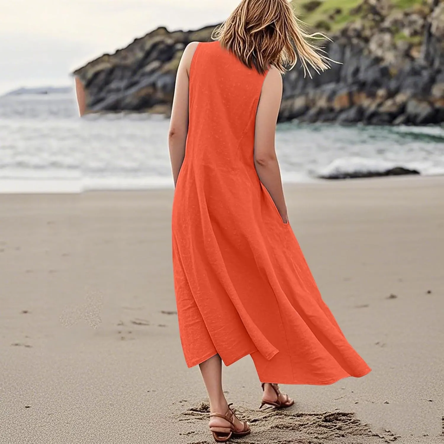 Linen Dresses for Women 2025 Sleeveless Long Flowy Shirt Dresses Boho Beach Vacation Summer Maxi Dress with Pockets
