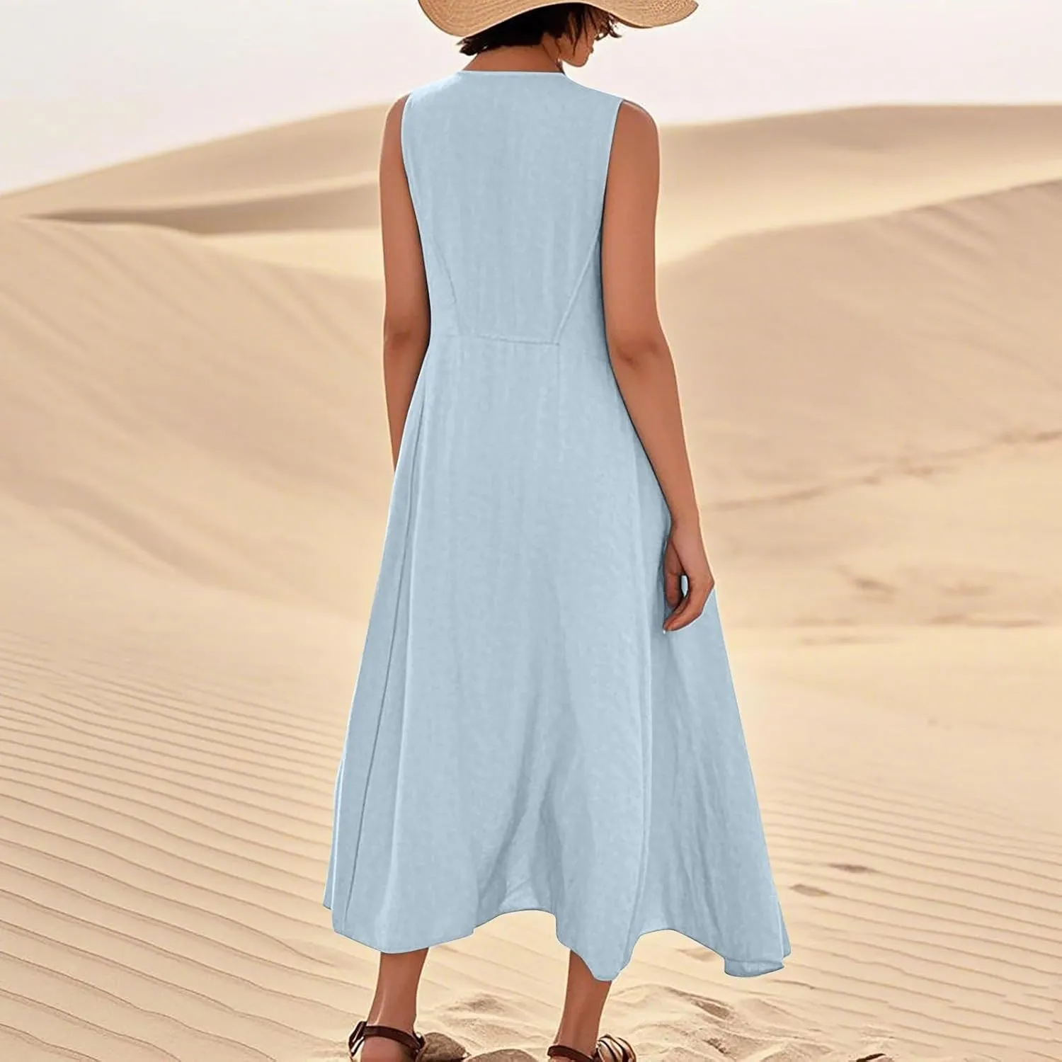 Linen Dresses for Women 2025 Sleeveless Long Flowy Shirt Dresses Boho Beach Vacation Summer Maxi Dress with Pockets