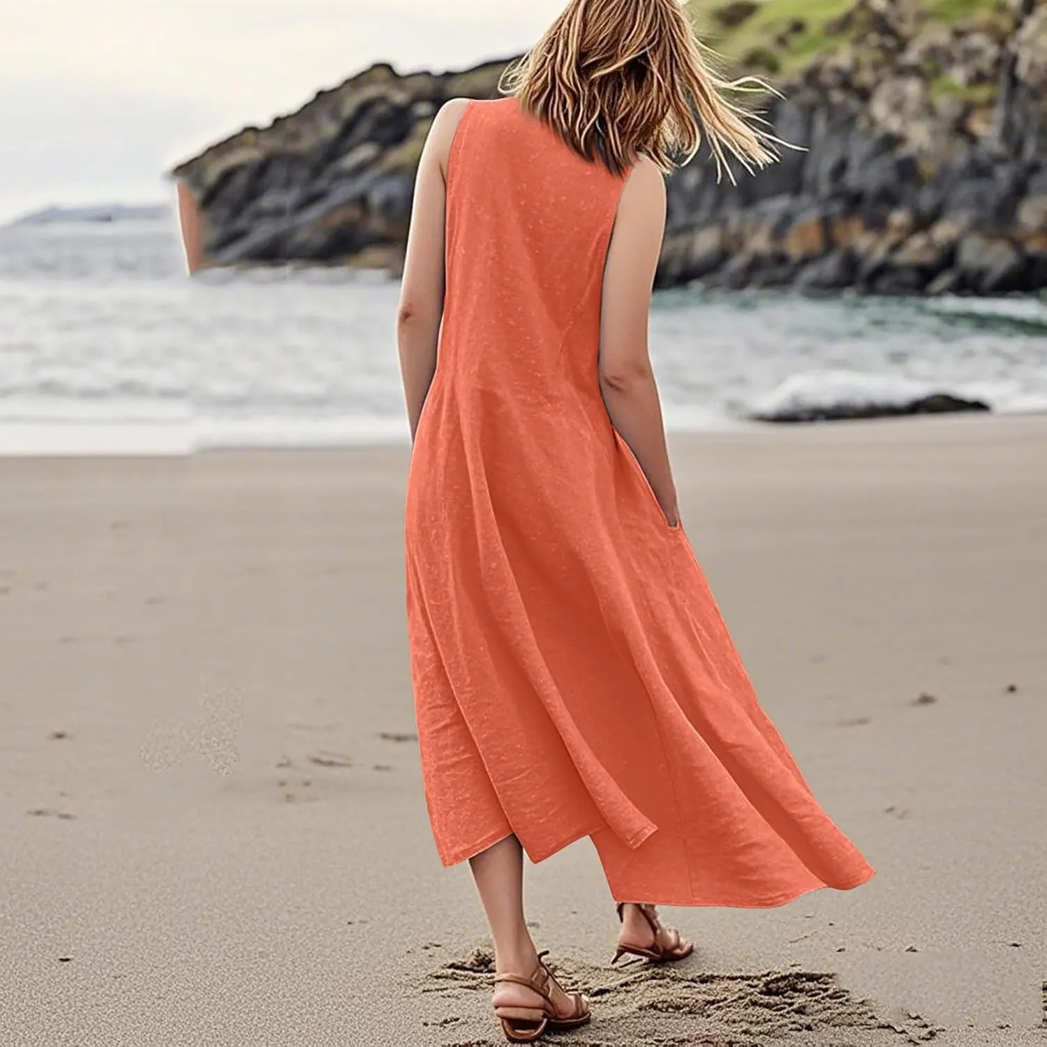 Linen Dresses for Women 2025 Sleeveless Long Flowy Shirt Dresses Boho Beach Vacation Summer Maxi Dress with Pockets