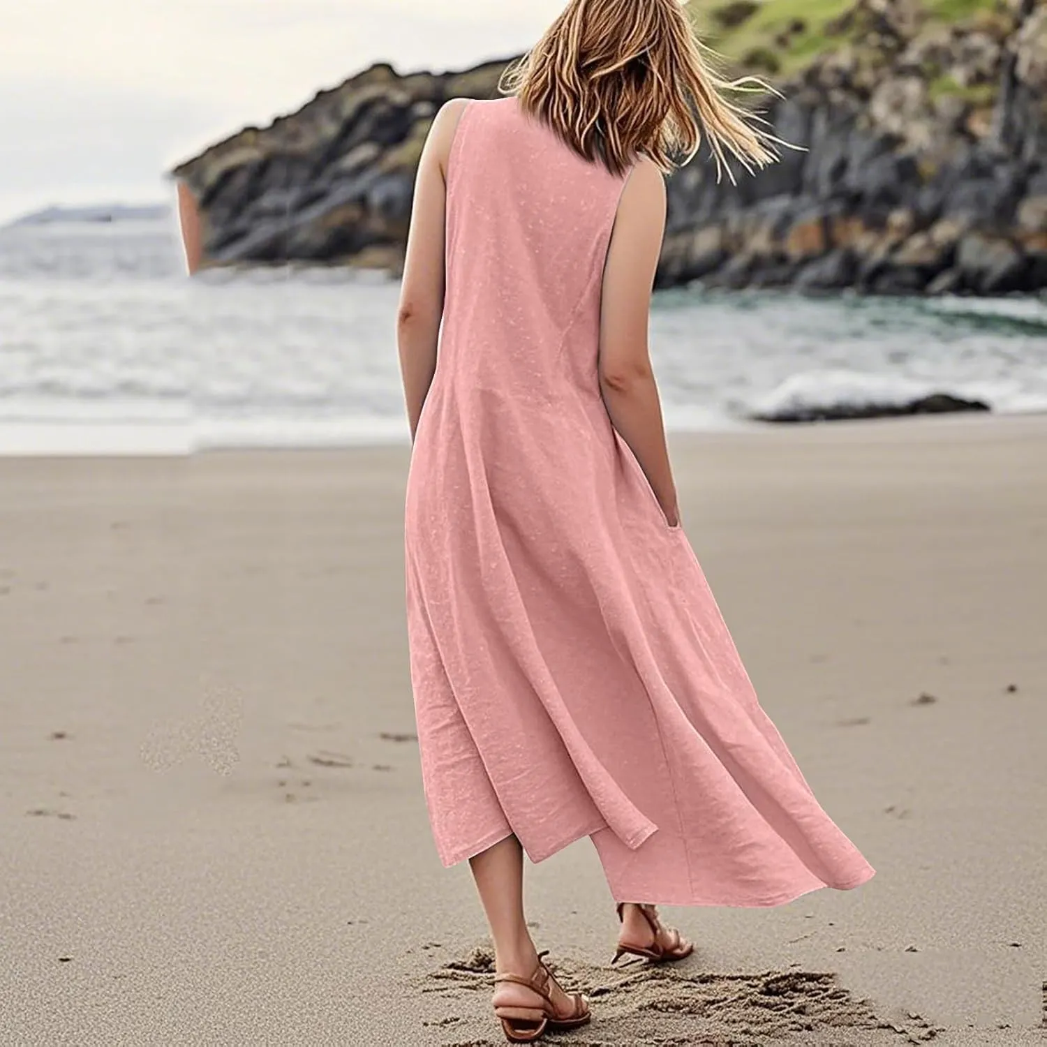 Linen Dresses for Women 2025 Sleeveless Long Flowy Shirt Dresses Boho Beach Vacation Summer Maxi Dress with Pockets