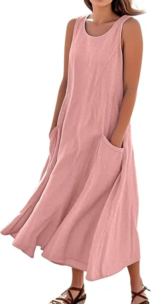 Linen Dresses for Women 2025 Sleeveless Long Flowy Shirt Dresses Boho Beach Vacation Summer Maxi Dress with Pockets