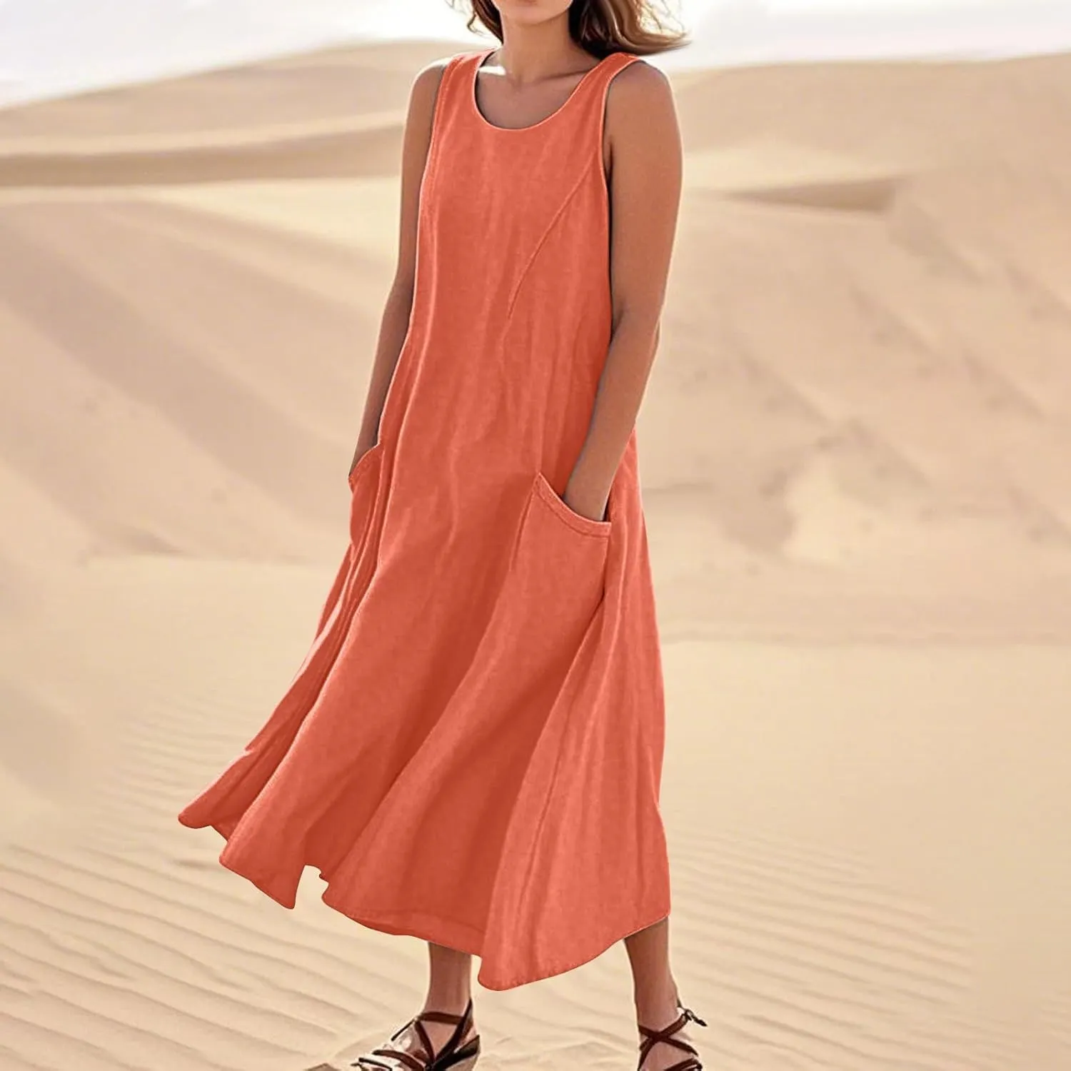 Linen Dresses for Women 2025 Sleeveless Long Flowy Shirt Dresses Boho Beach Vacation Summer Maxi Dress with Pockets