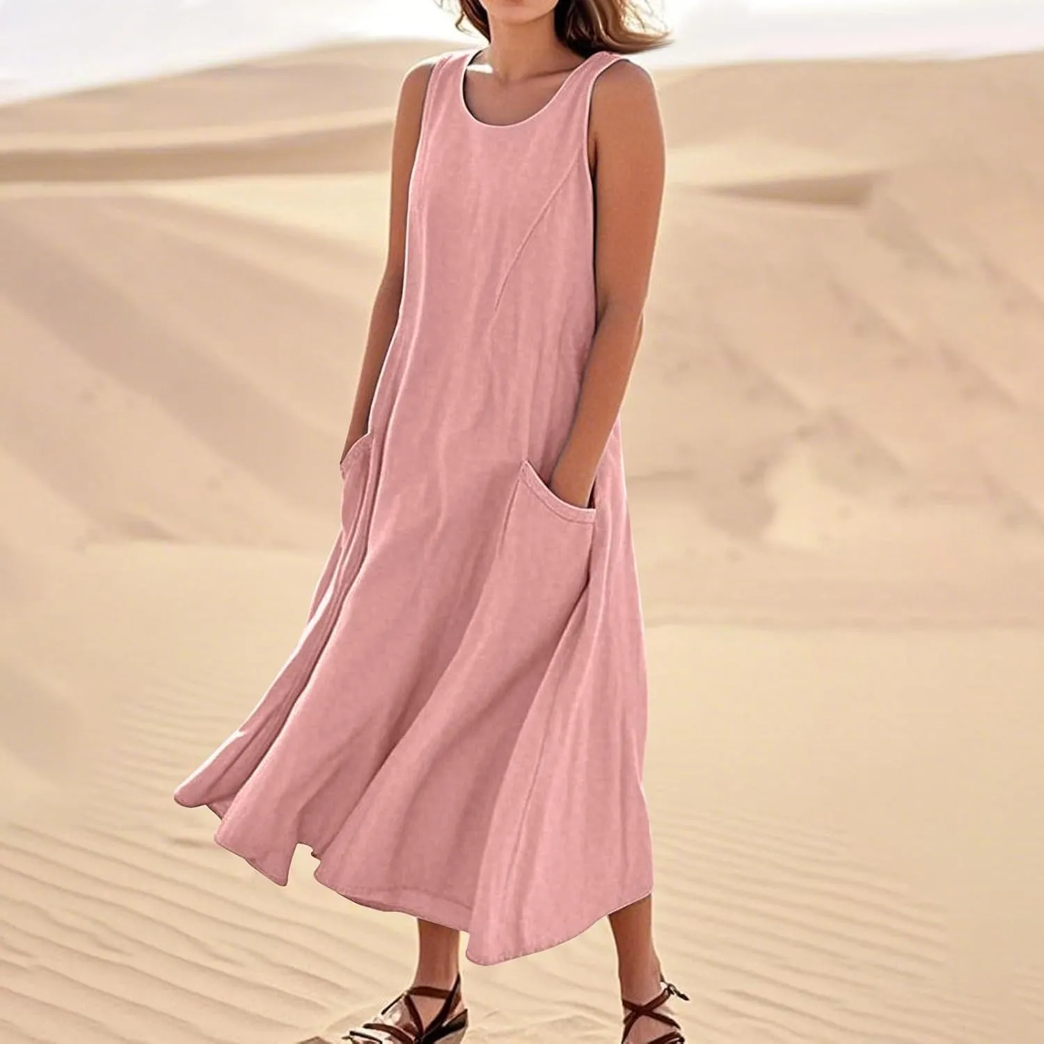 Linen Dresses for Women 2025 Sleeveless Long Flowy Shirt Dresses Boho Beach Vacation Summer Maxi Dress with Pockets