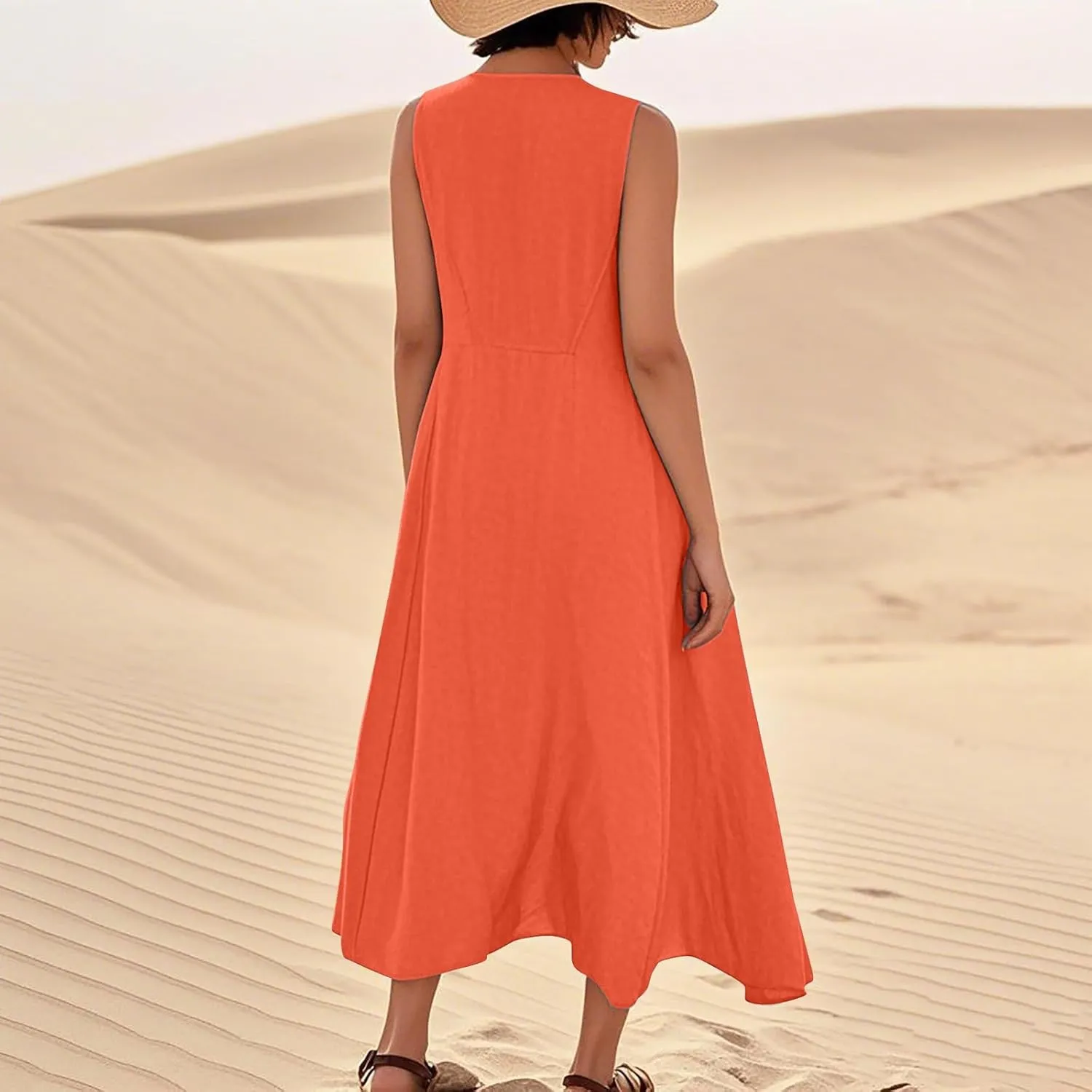 Linen Dresses for Women 2025 Sleeveless Long Flowy Shirt Dresses Boho Beach Vacation Summer Maxi Dress with Pockets