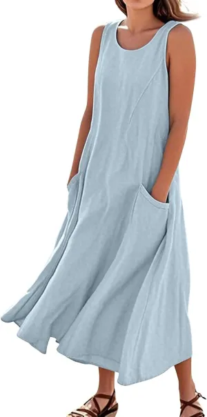 Linen Dresses for Women 2025 Sleeveless Long Flowy Shirt Dresses Boho Beach Vacation Summer Maxi Dress with Pockets