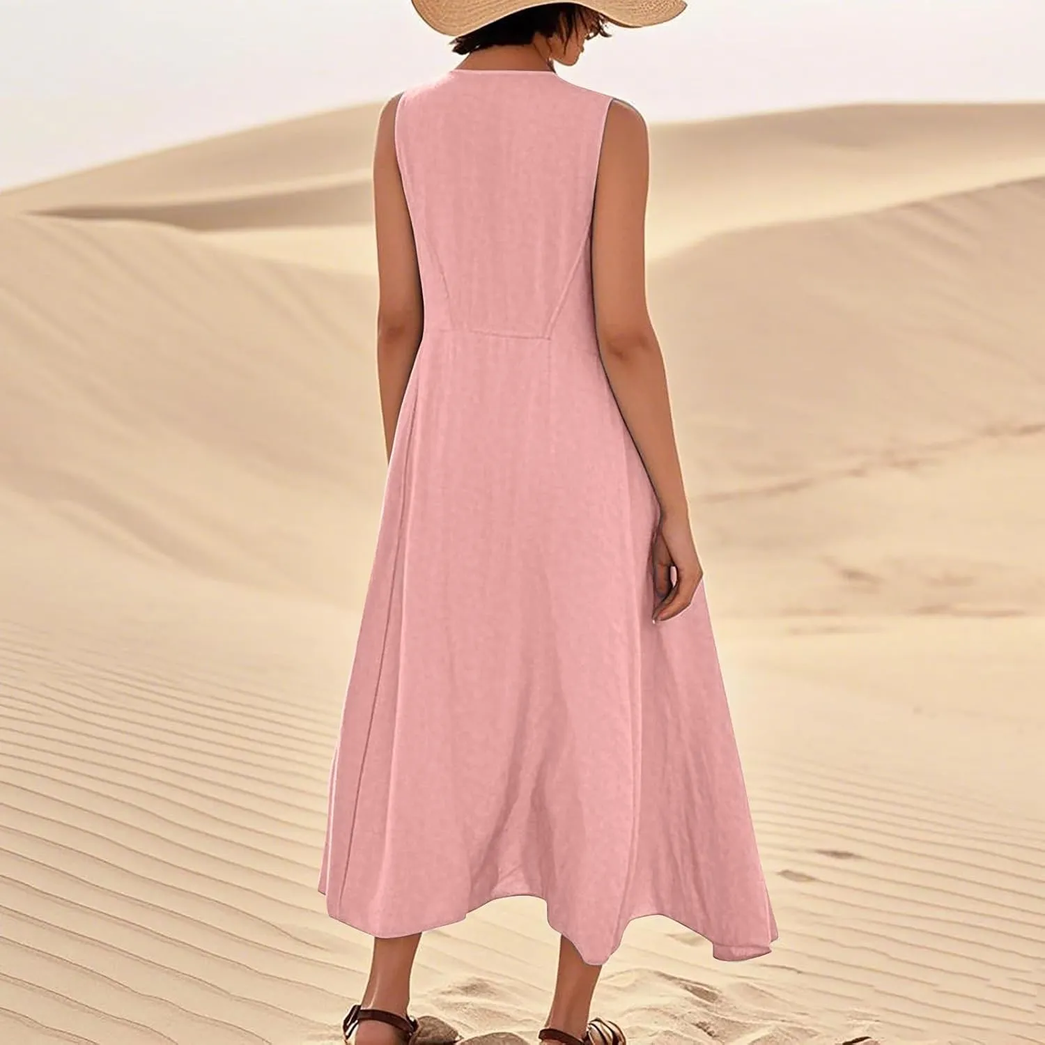 Linen Dresses for Women 2025 Sleeveless Long Flowy Shirt Dresses Boho Beach Vacation Summer Maxi Dress with Pockets