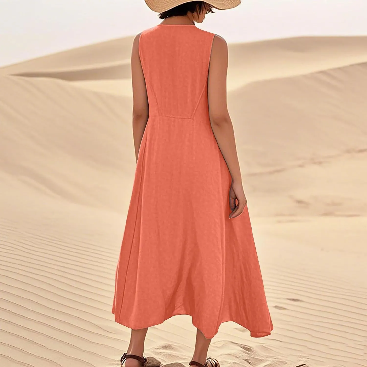 Linen Dresses for Women 2025 Sleeveless Long Flowy Shirt Dresses Boho Beach Vacation Summer Maxi Dress with Pockets