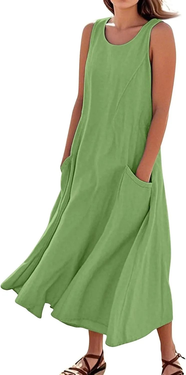 Linen Dresses for Women 2025 Sleeveless Long Flowy Shirt Dresses Boho Beach Vacation Summer Maxi Dress with Pockets
