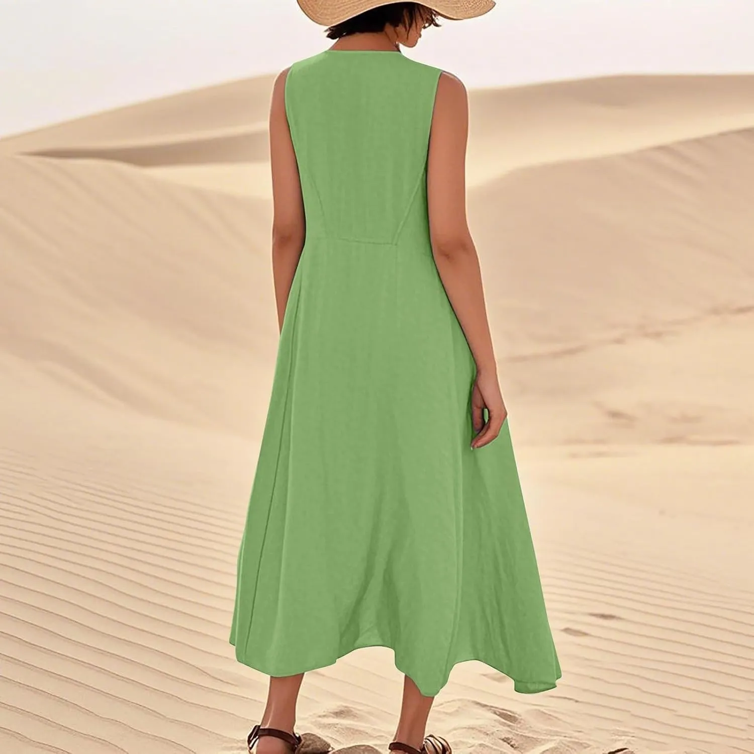 Linen Dresses for Women 2025 Sleeveless Long Flowy Shirt Dresses Boho Beach Vacation Summer Maxi Dress with Pockets