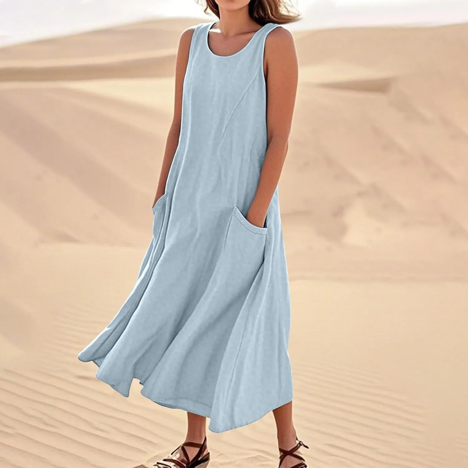 Linen Dresses for Women 2025 Sleeveless Long Flowy Shirt Dresses Boho Beach Vacation Summer Maxi Dress with Pockets