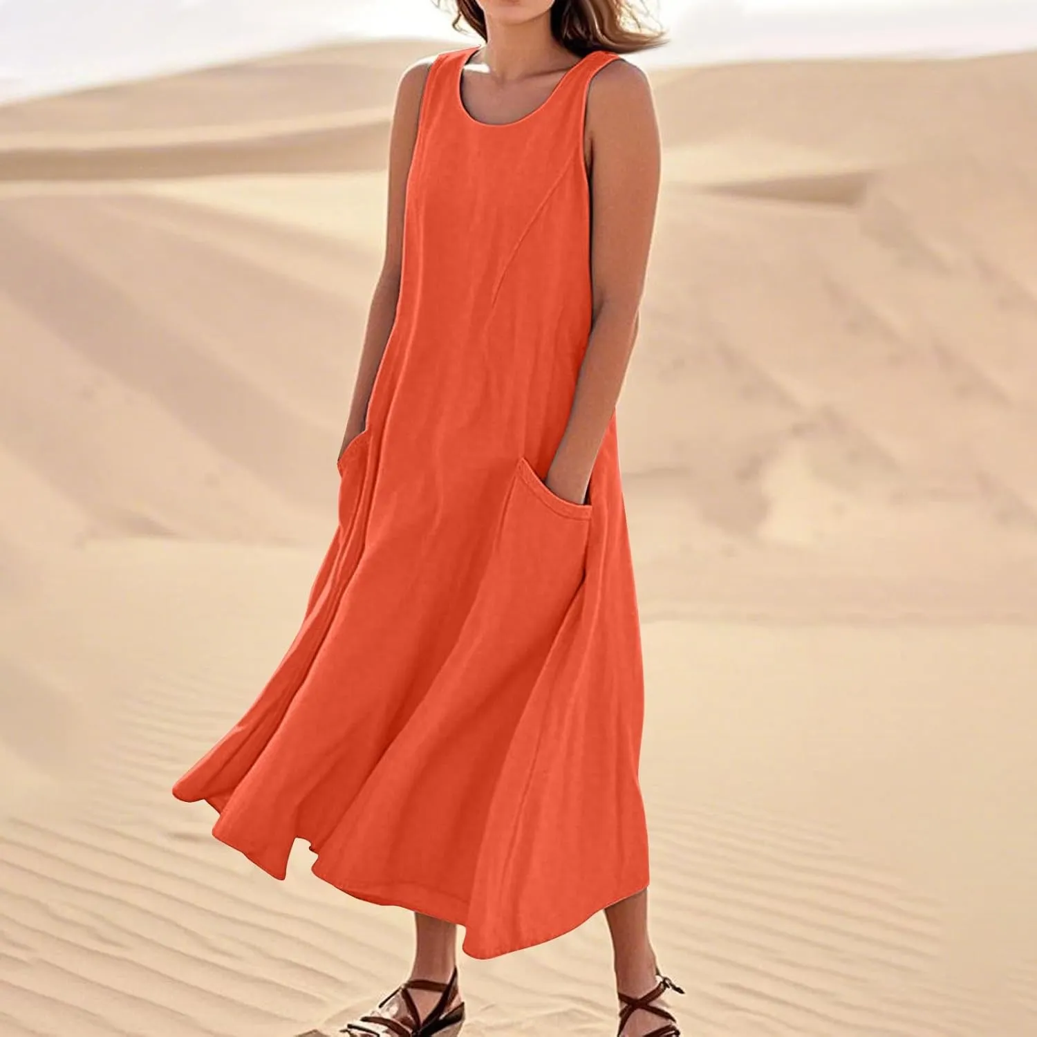 Linen Dresses for Women 2025 Sleeveless Long Flowy Shirt Dresses Boho Beach Vacation Summer Maxi Dress with Pockets