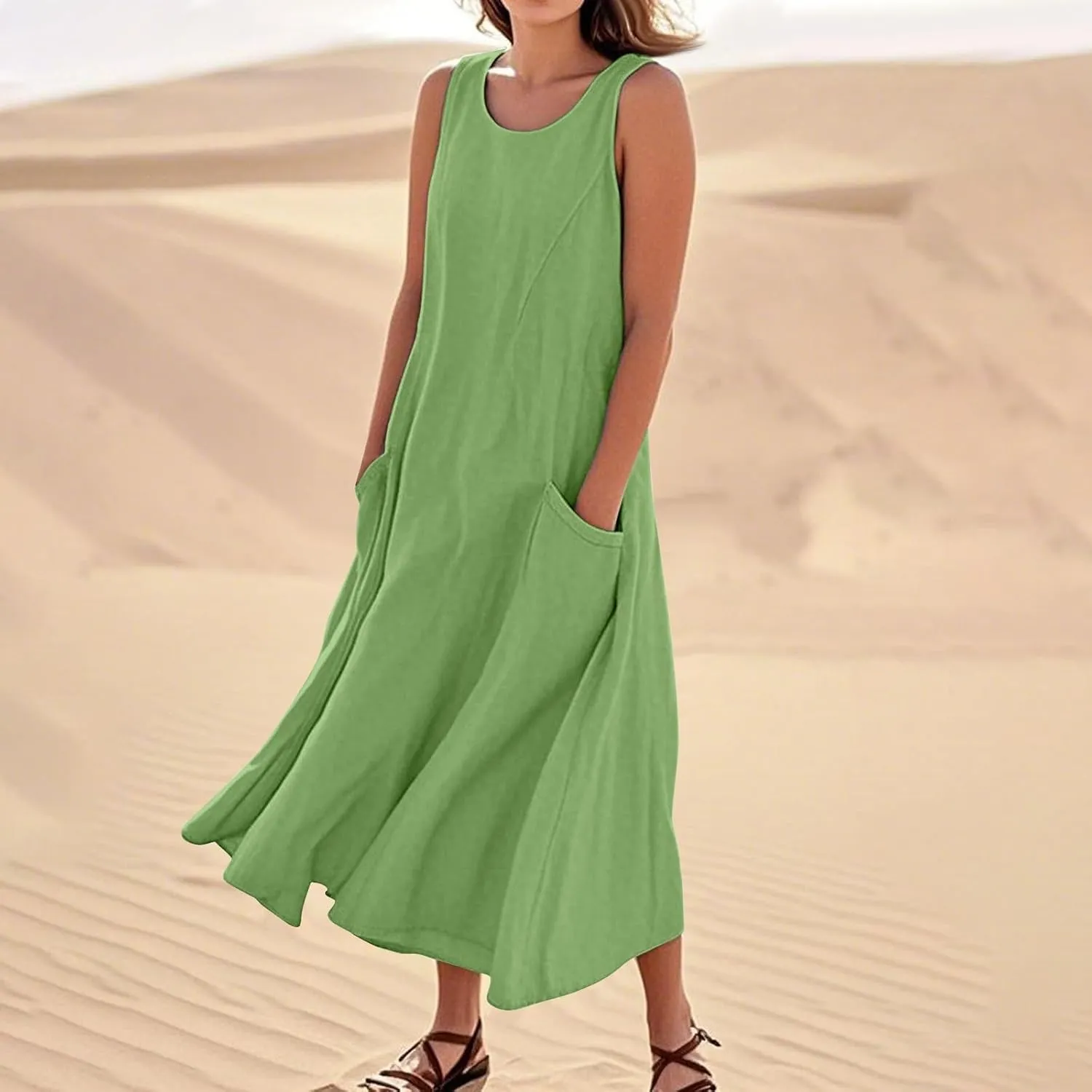 Linen Dresses for Women 2025 Sleeveless Long Flowy Shirt Dresses Boho Beach Vacation Summer Maxi Dress with Pockets