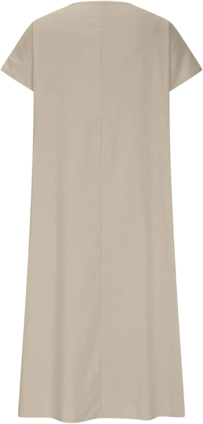 Linen Dresses for Women 2025,Beach Vacation T Shirt Sundresses Modest Loose Fit Boho Western Beige Summer Dresses