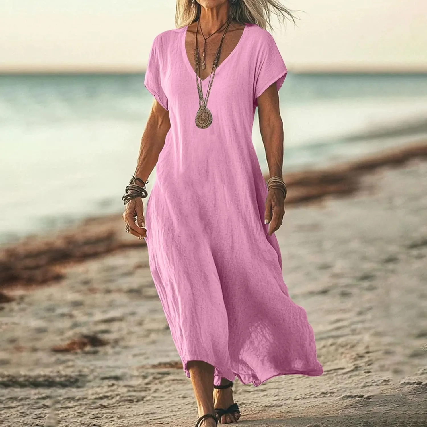 Linen Dresses for Women 2025,Beach Vacation T Shirt Sundresses Modest Loose Fit Boho Western Beige Summer Dresses