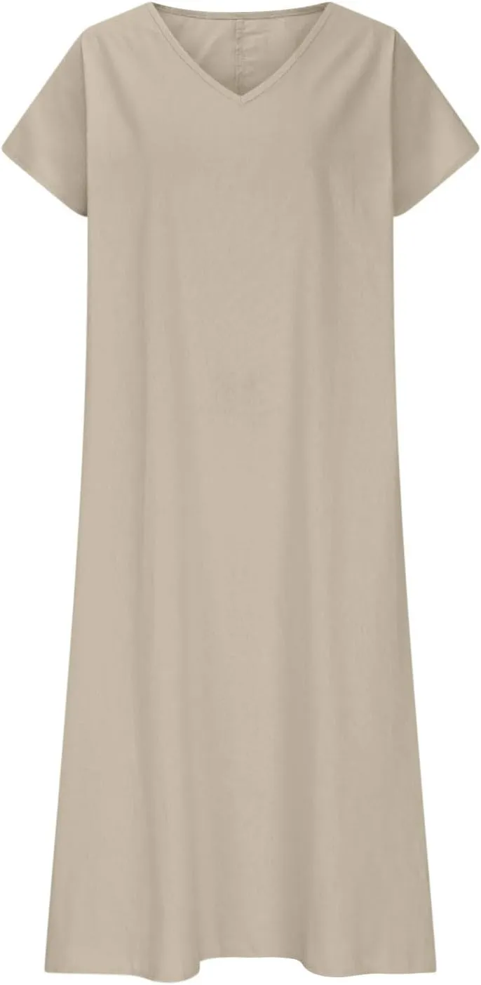 Linen Dresses for Women 2025,Beach Vacation T Shirt Sundresses Modest Loose Fit Boho Western Beige Summer Dresses