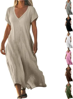 Linen Dresses for Women 2025,Beach Vacation T Shirt Sundresses Modest Loose Fit Boho Western Beige Summer Dresses