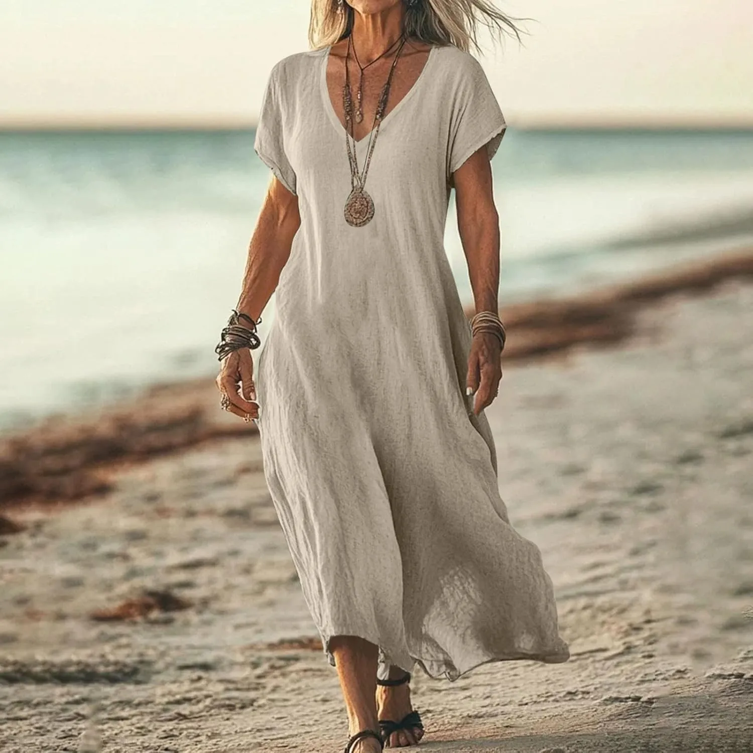 Linen Dresses for Women 2025,Beach Vacation T Shirt Sundresses Modest Loose Fit Boho Western Beige Summer Dresses