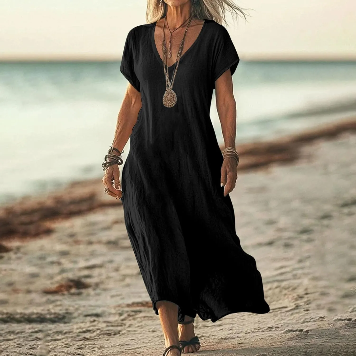 Linen Dresses for Women 2025,Beach Vacation T Shirt Sundresses Modest Loose Fit Boho Western Beige Summer Dresses