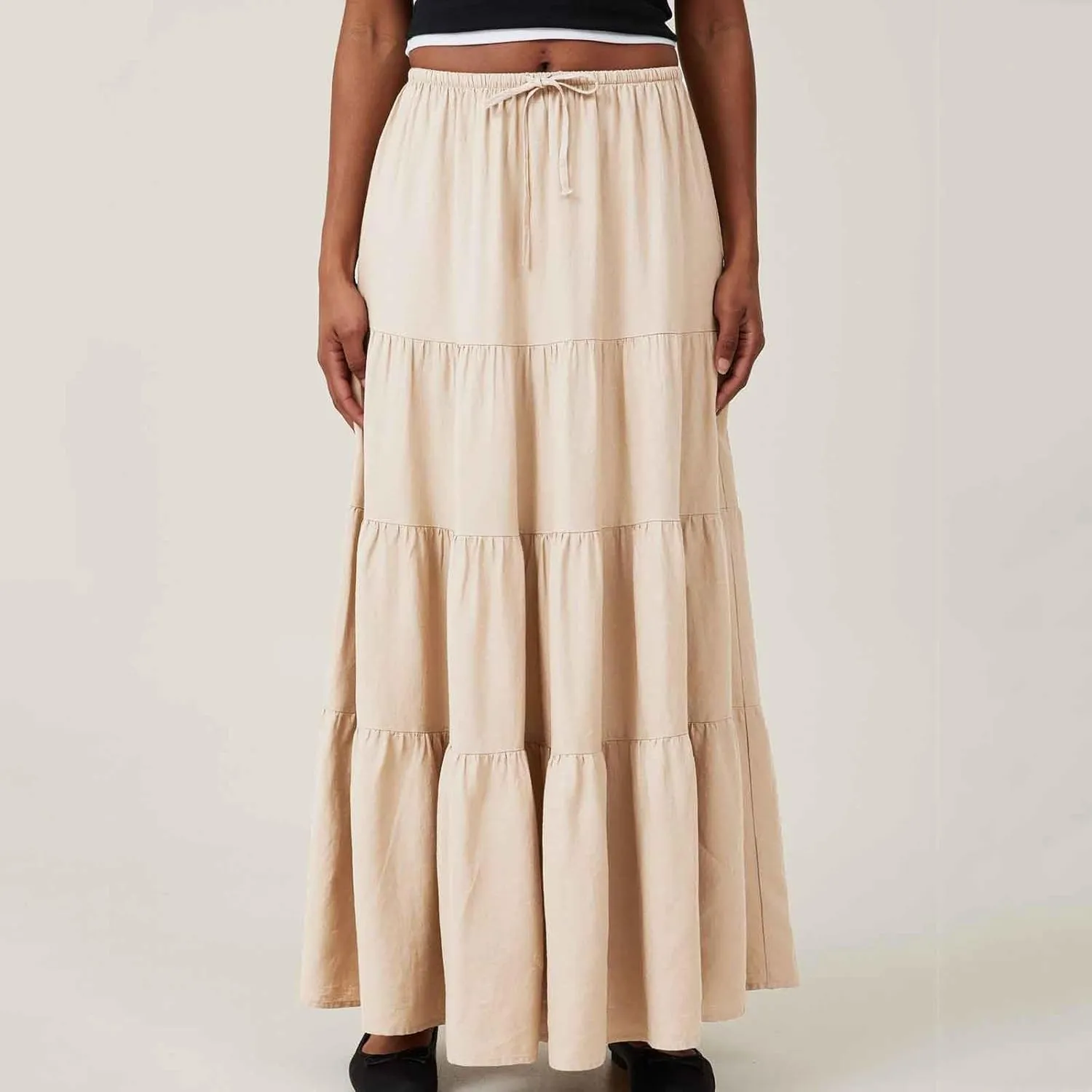 Long Flowy Skirts for Women Boho Summer Tiered Skirts Drawstring Waist Casual Maxi Skirts A Line Beach Skirts