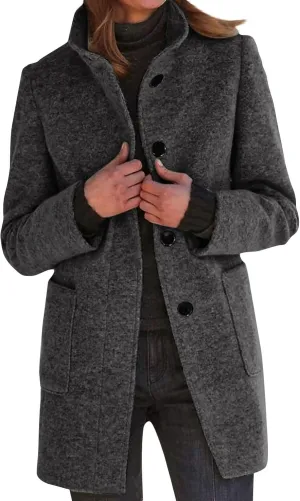 Long Pea Coats for Women Stand Collar Single Breasted Wool Coats Wool Blend Peacoat Winter Casual Overcoat Jacket