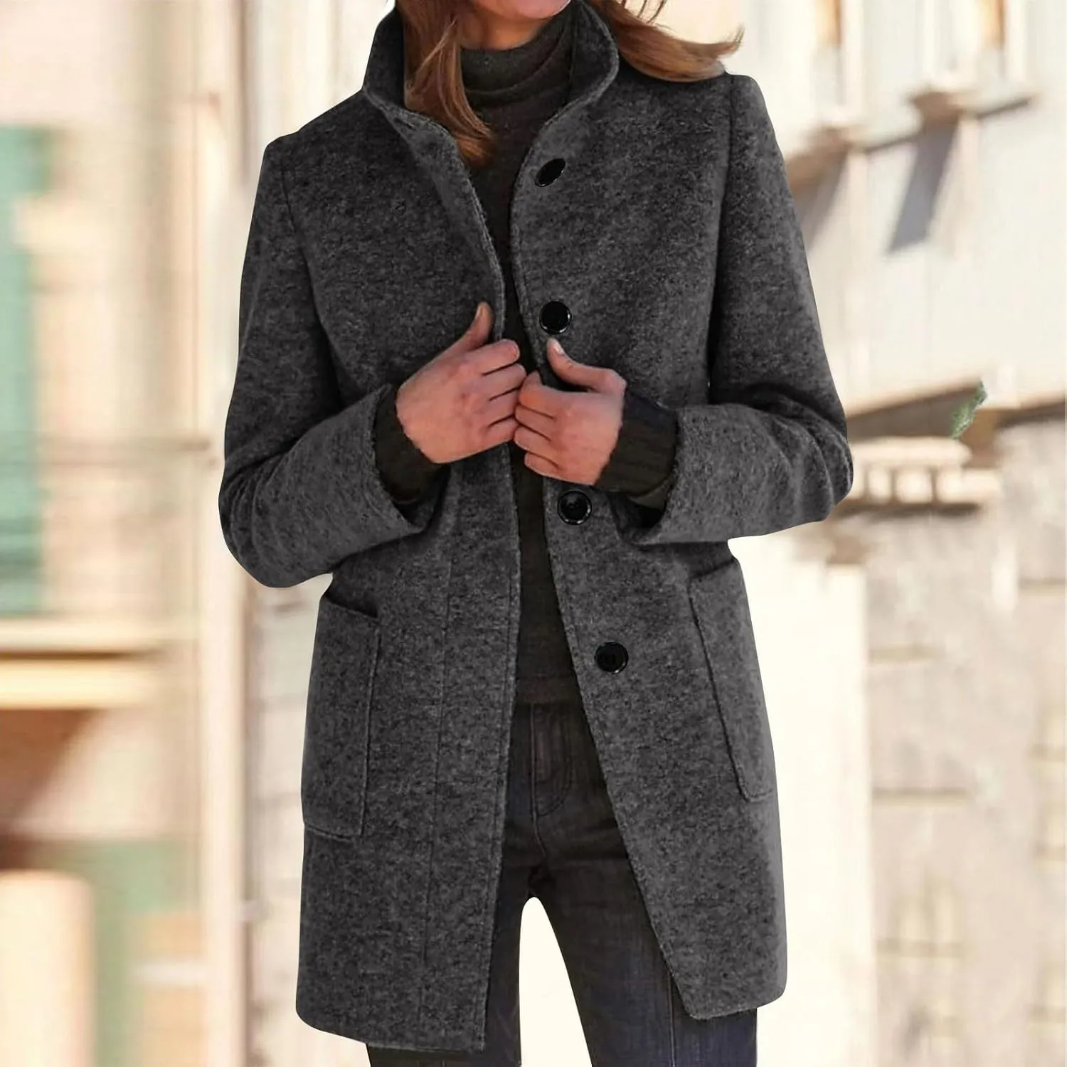 Long Pea Coats for Women Stand Collar Single Breasted Wool Coats Wool Blend Peacoat Winter Casual Overcoat Jacket
