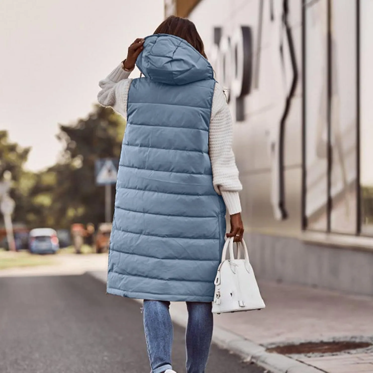 Long Puffer Vest Winter Coat Vest Hooded Sleeveless Warm Cotton Coat with Pockets Vest Cotton Quilted Down Hoodies