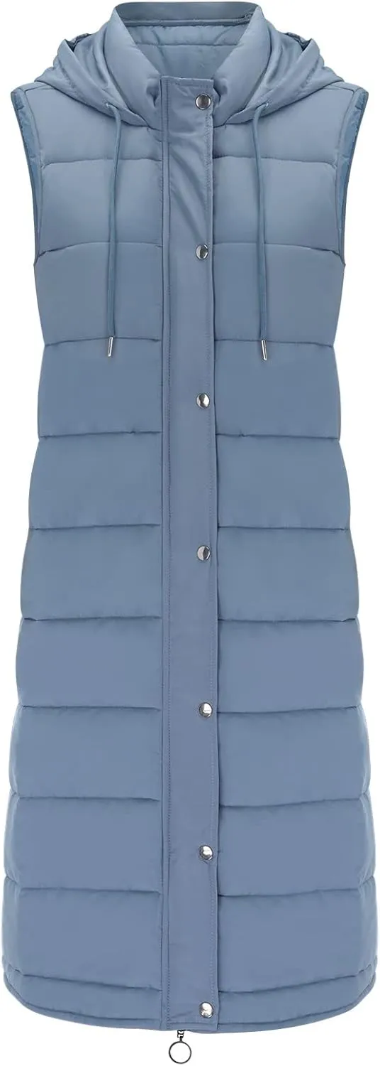 Long Puffer Vest Winter Coat Vest Hooded Sleeveless Warm Cotton Coat with Pockets Vest Cotton Quilted Down Hoodies