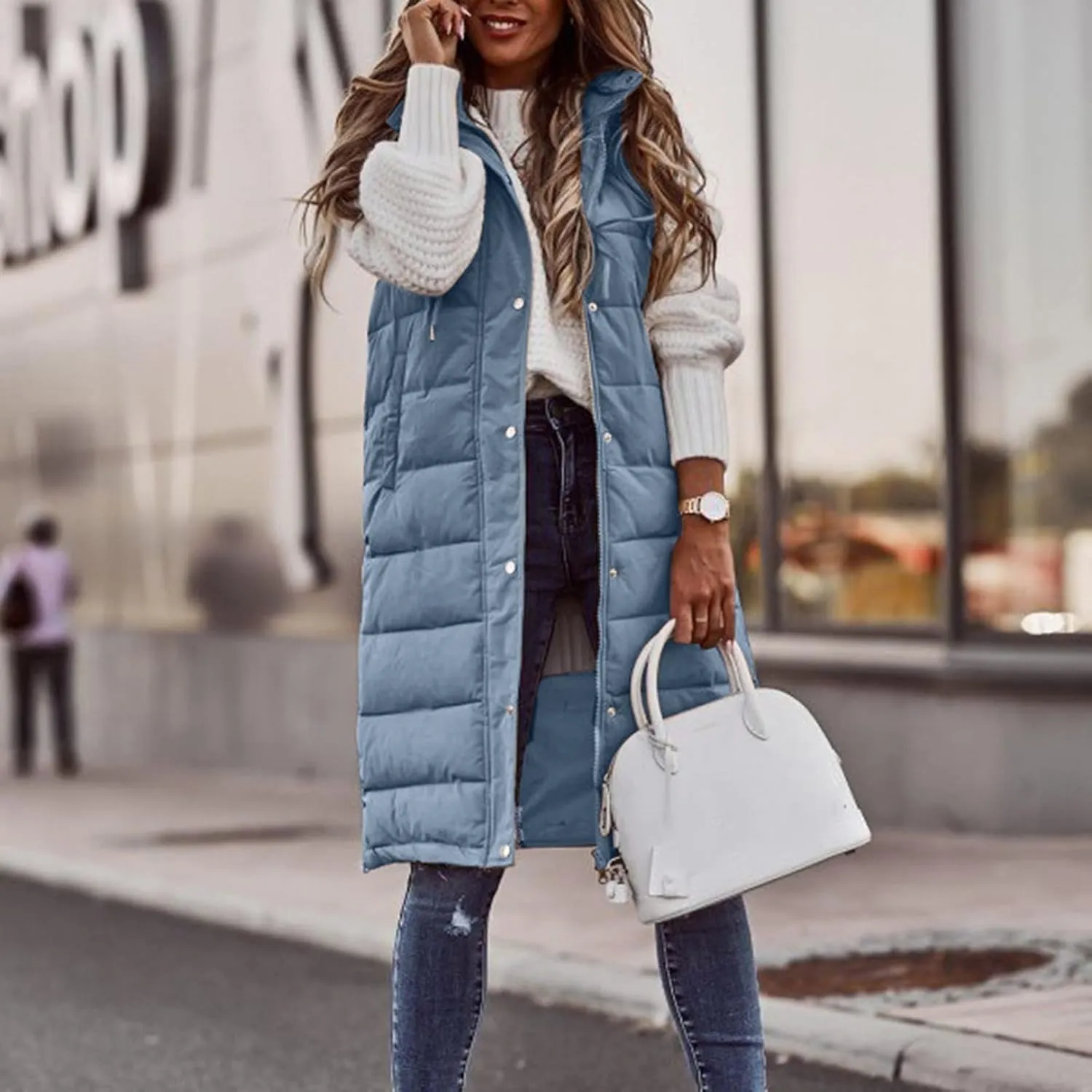 Long Puffer Vest Winter Coat Vest Hooded Sleeveless Warm Cotton Coat with Pockets Vest Cotton Quilted Down Hoodies