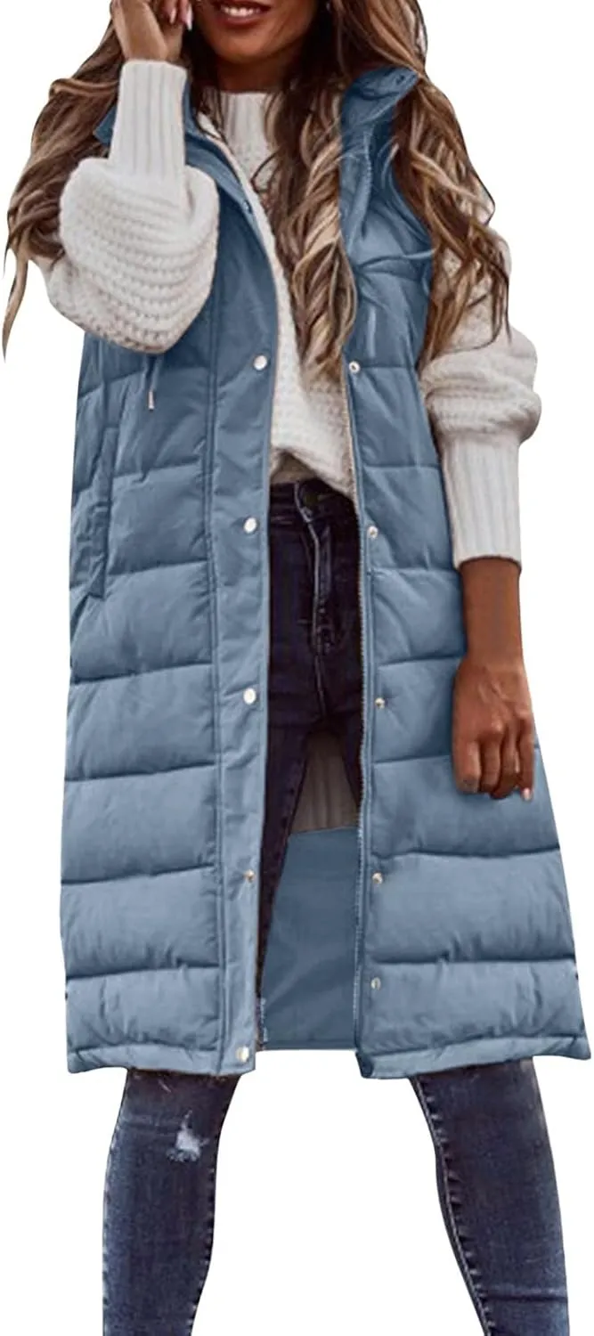 Long Puffer Vest Winter Coat Vest Hooded Sleeveless Warm Cotton Coat with Pockets Vest Cotton Quilted Down Hoodies