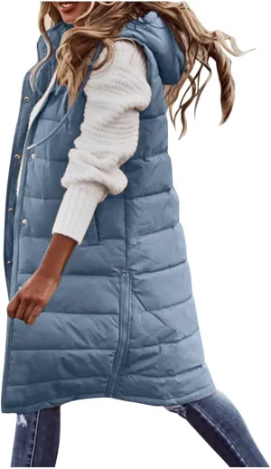 Long Puffer Vest Winter Coat Vest Hooded Sleeveless Warm Cotton Coat with Pockets Vest Cotton Quilted Down Hoodies