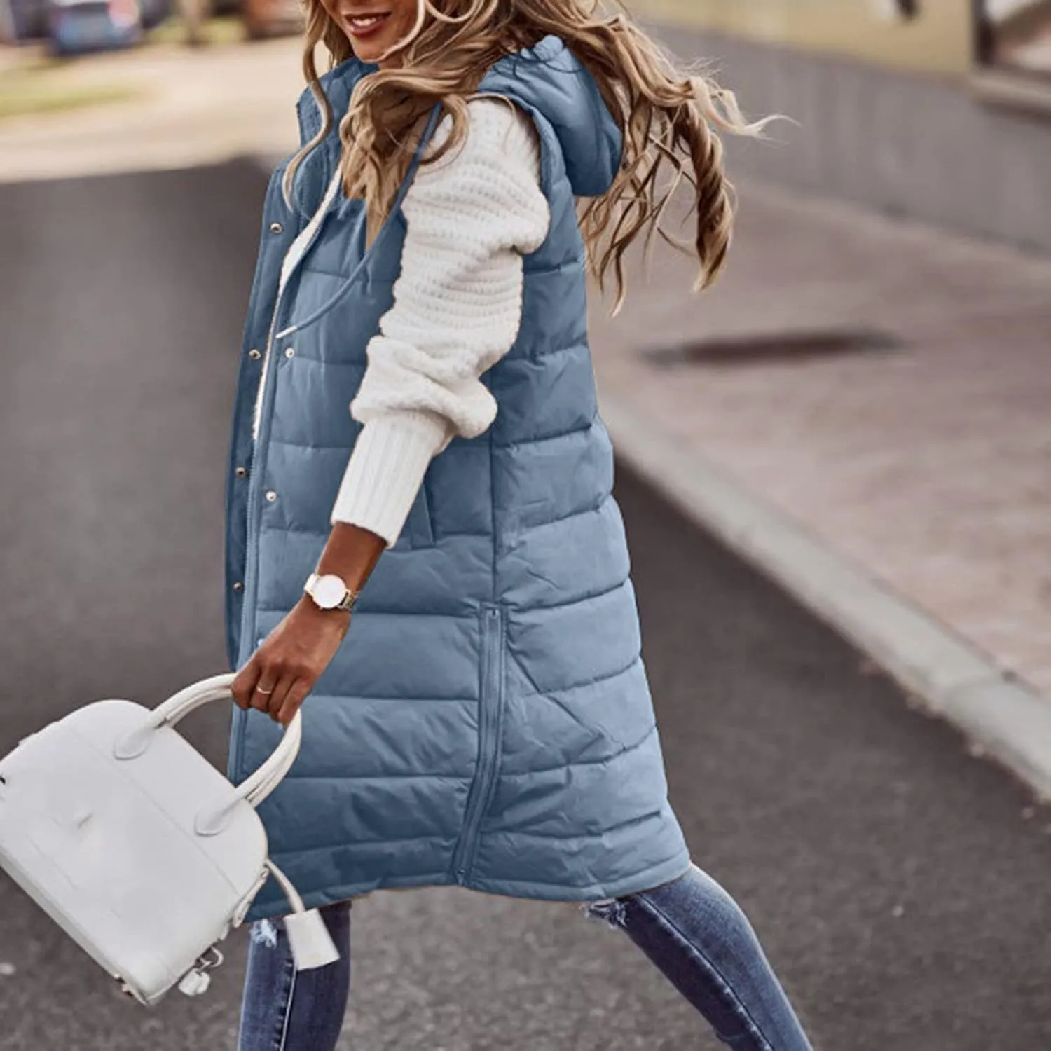 Long Puffer Vest Winter Coat Vest Hooded Sleeveless Warm Cotton Coat with Pockets Vest Cotton Quilted Down Hoodies