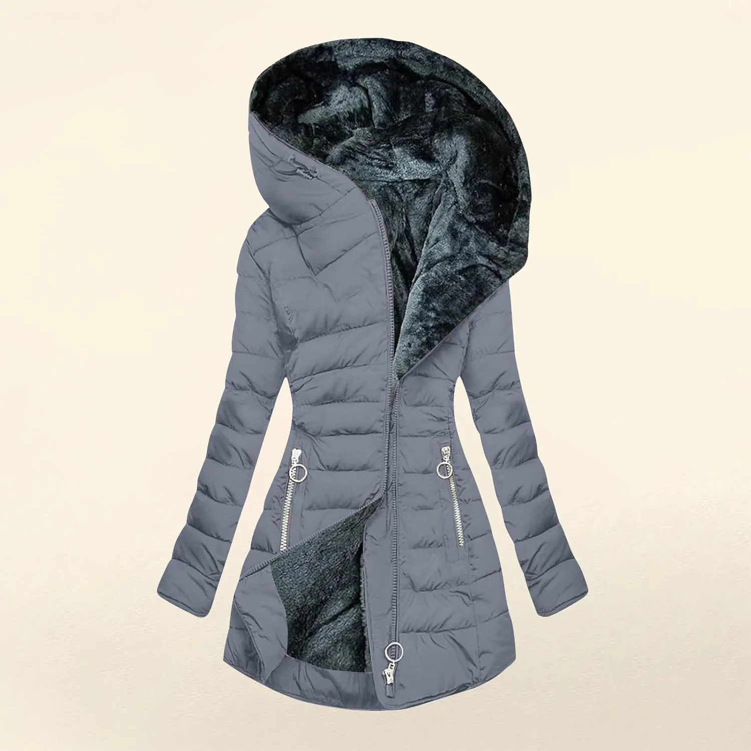 Long Winter Coats for Women Fleece Lined Warm Puffer Jackets Thicken Fur Hooded Parka Outerwear with Zipper Pockets