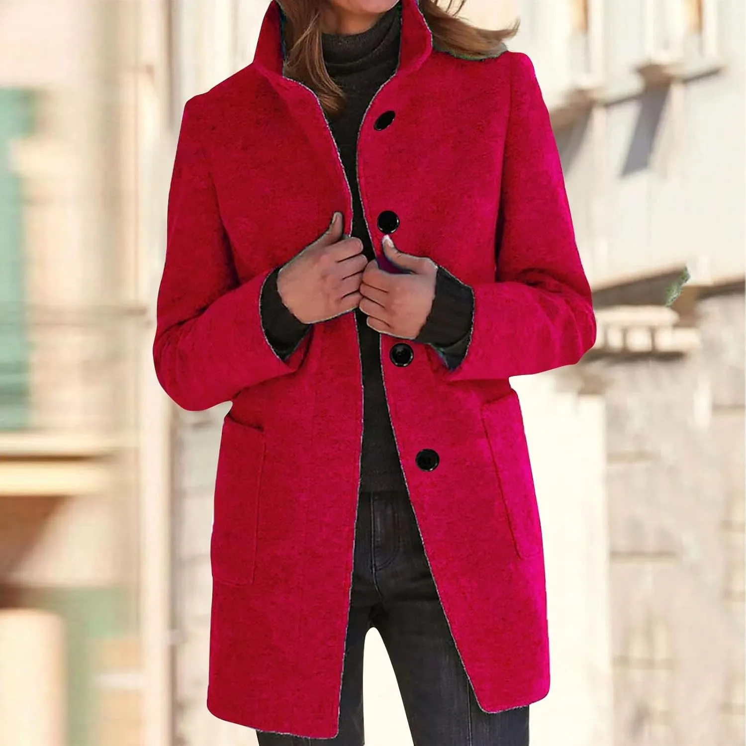 Long Wool Coats Women Thicken Wool Blend Stand Collar Single Breasted Pea Jacket Cute Winter Peacoat