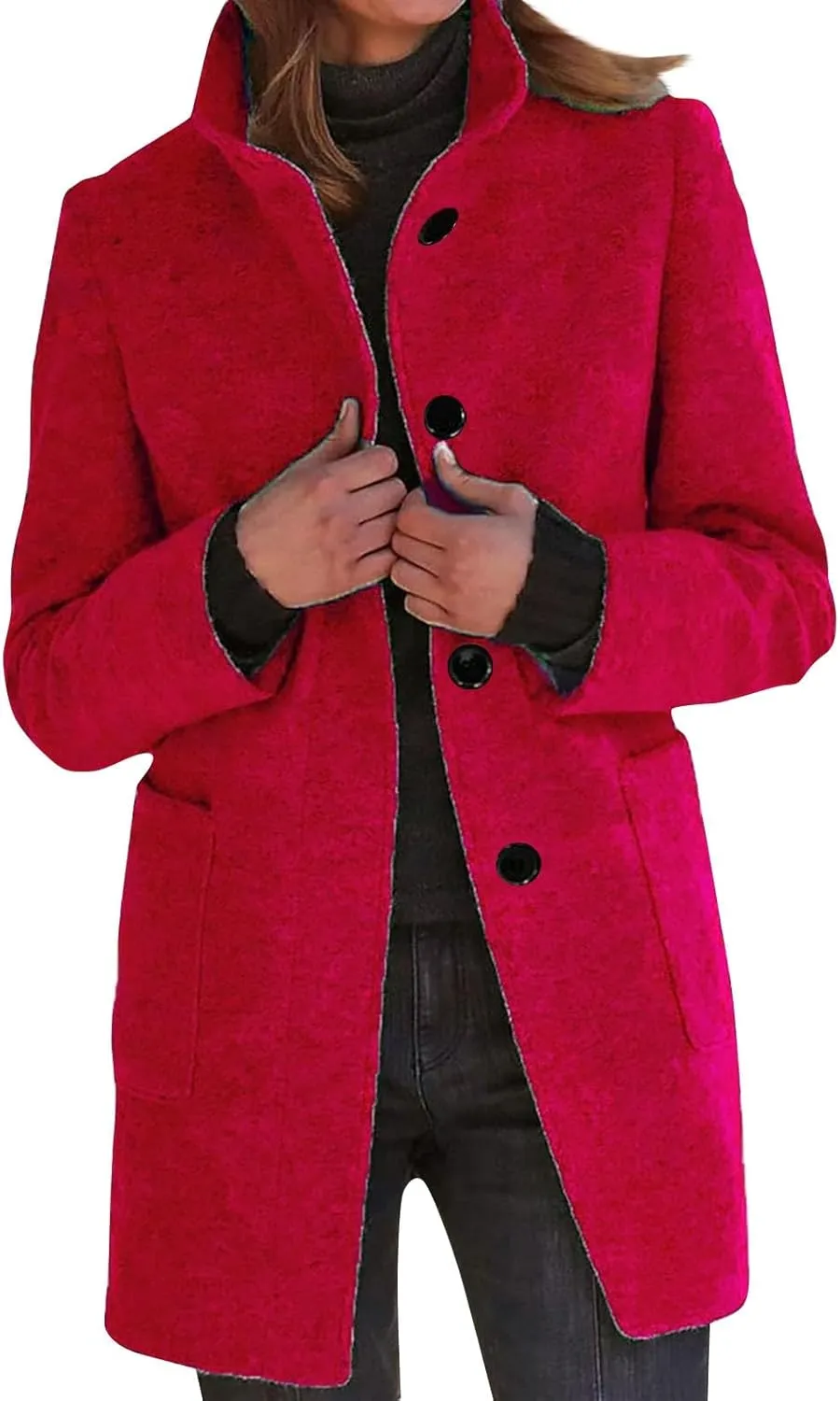 Long Wool Coats Women Thicken Wool Blend Stand Collar Single Breasted Pea Jacket Cute Winter Peacoat