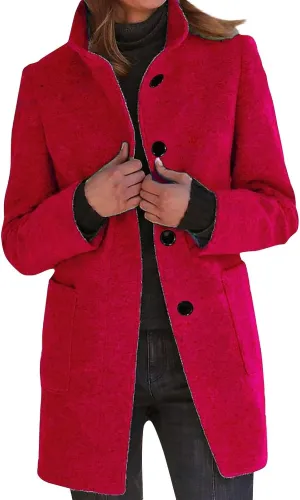 Long Wool Coats Women Thicken Wool Blend Stand Collar Single Breasted Pea Jacket Cute Winter Peacoat