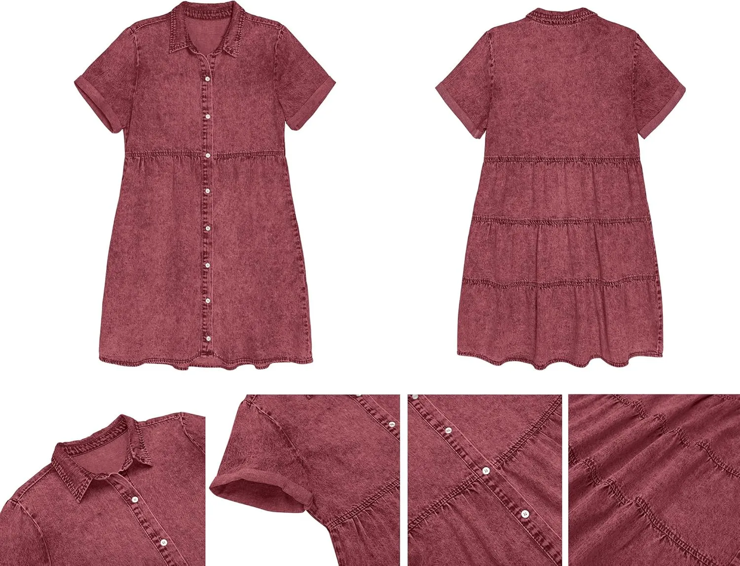 luvamia Women's Casual Short Sleeve Button Down Tiered Denim Babydoll Jean Dress