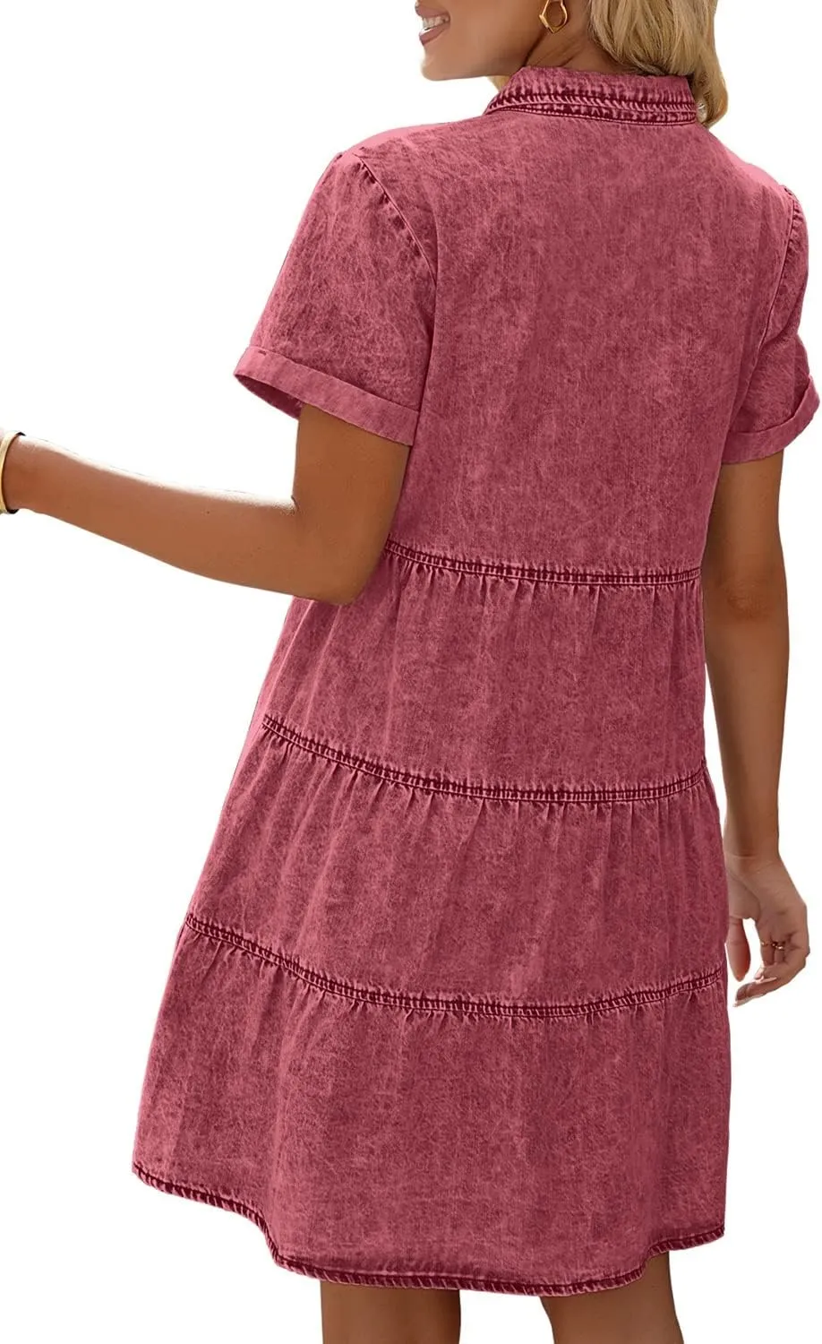 luvamia Women's Casual Short Sleeve Button Down Tiered Denim Babydoll Jean Dress