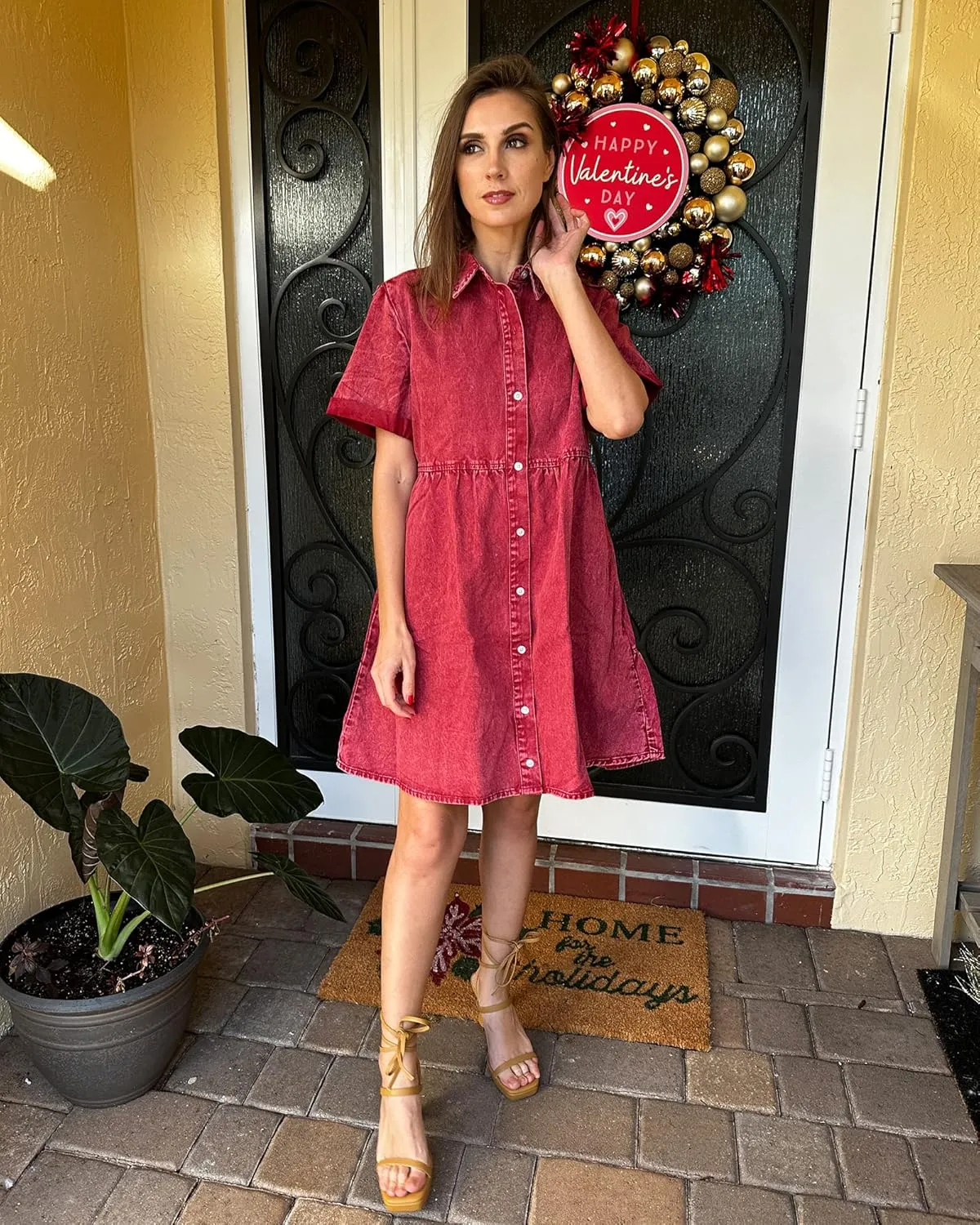luvamia Women's Casual Short Sleeve Button Down Tiered Denim Babydoll Jean Dress