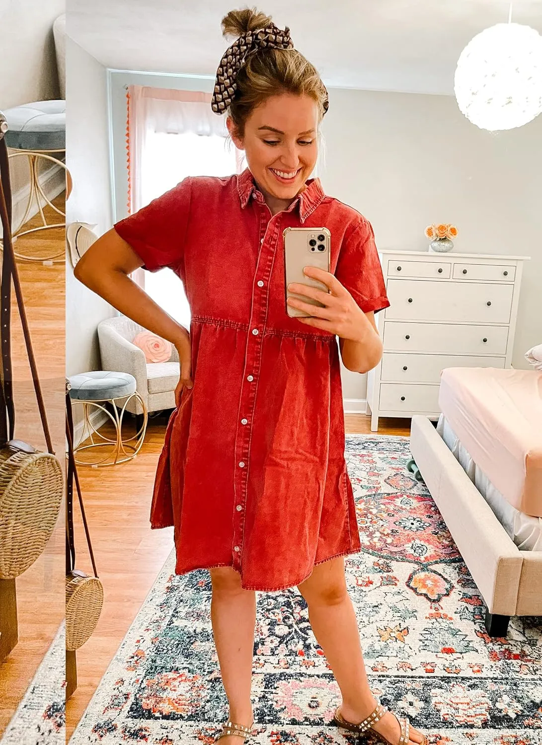 luvamia Women's Casual Short Sleeve Button Down Tiered Denim Babydoll Jean Dress