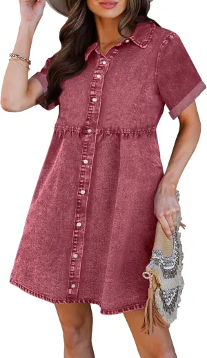 luvamia Women's Casual Short Sleeve Button Down Tiered Denim Babydoll Jean Dress