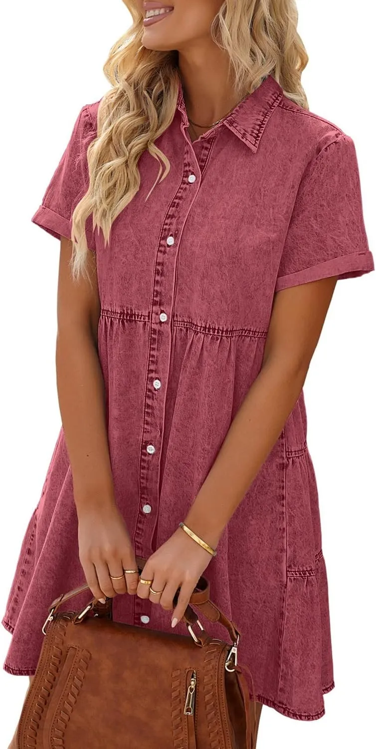 luvamia Women's Casual Short Sleeve Button Down Tiered Denim Babydoll Jean Dress