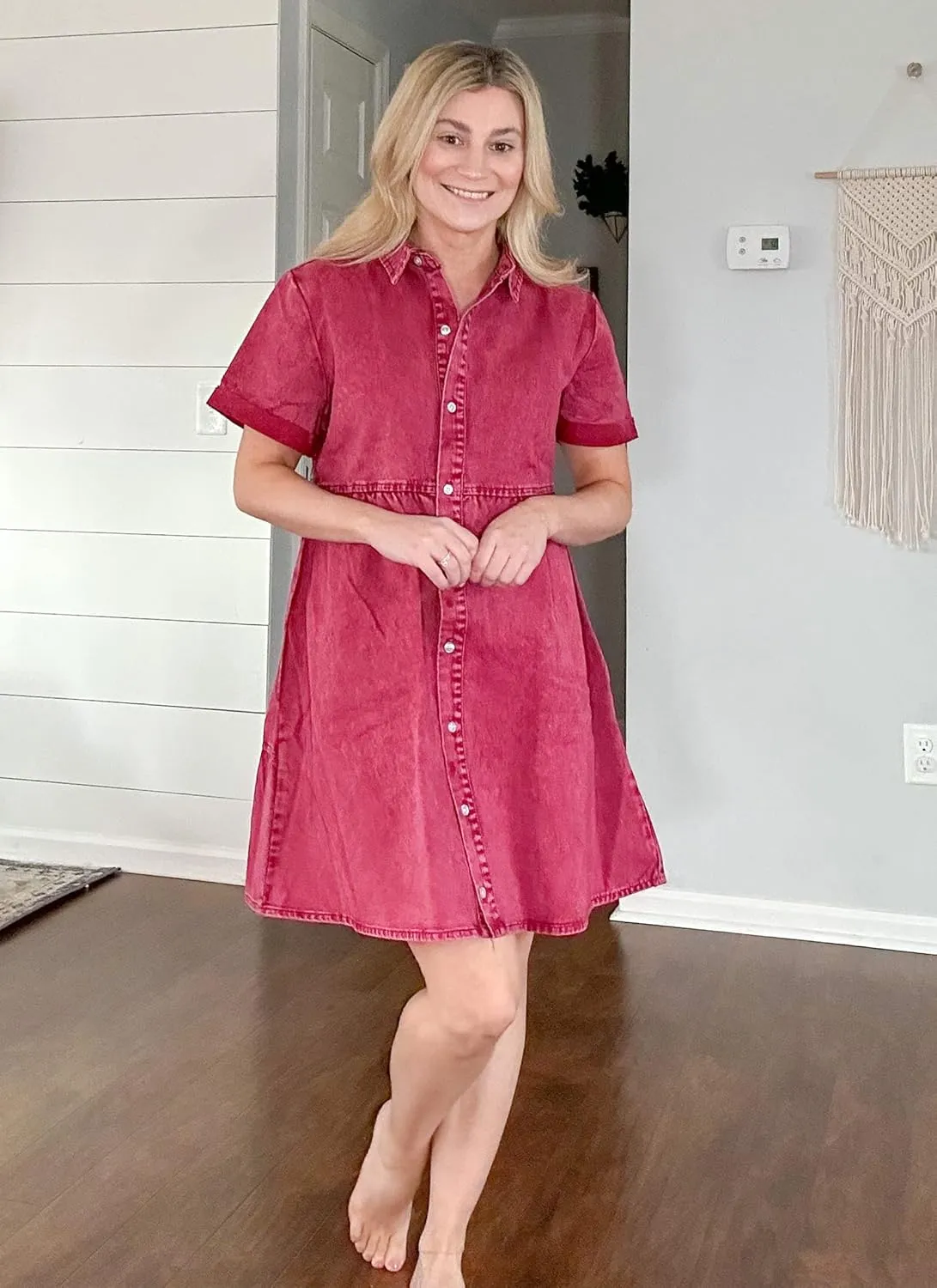 luvamia Women's Casual Short Sleeve Button Down Tiered Denim Babydoll Jean Dress