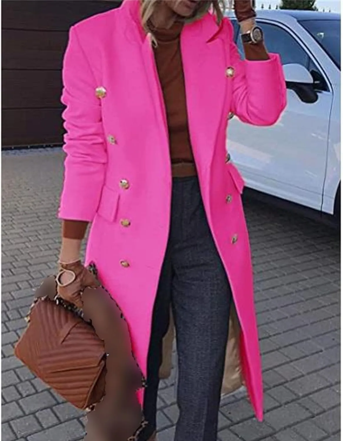 Maiyifu-GJ Women's Overcoat Notched Lapel Double Breasted Coats Fall Winter Elegant Wool Blend Trench Coat Long Jackets