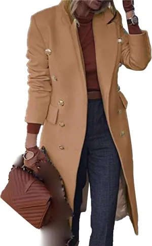 Maiyifu-GJ Women's Overcoat Notched Lapel Double Breasted Coats Fall Winter Elegant Wool Blend Trench Coat Long Jackets