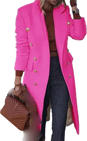 Maiyifu-GJ Women's Overcoat Notched Lapel Double Breasted Coats Fall Winter Elegant Wool Blend Trench Coat Long Jackets