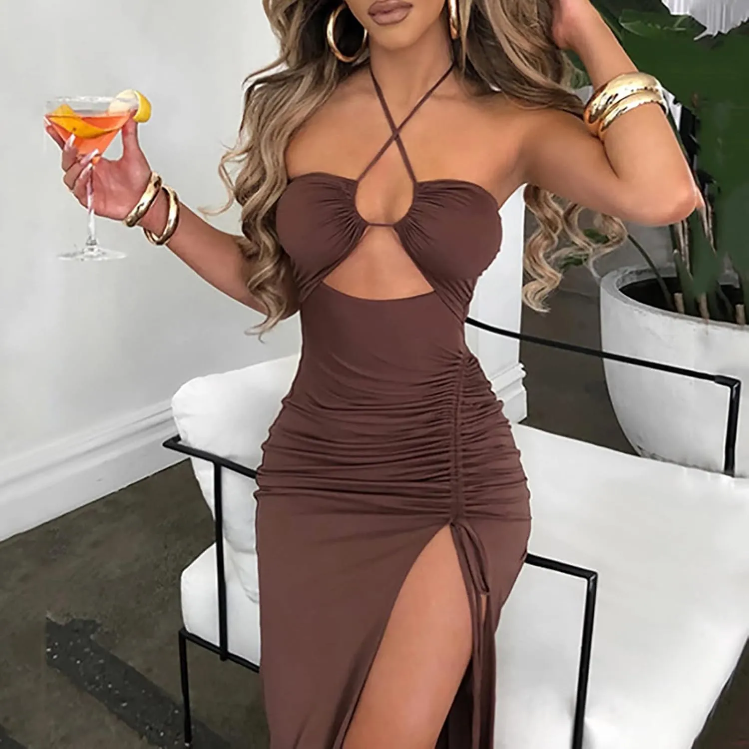 Maxi Dresses for Women 2025 Spaghetti Straps Midi Dress Sleevelesss Cutout Tie Side Dresses Long Drawstring Sundress